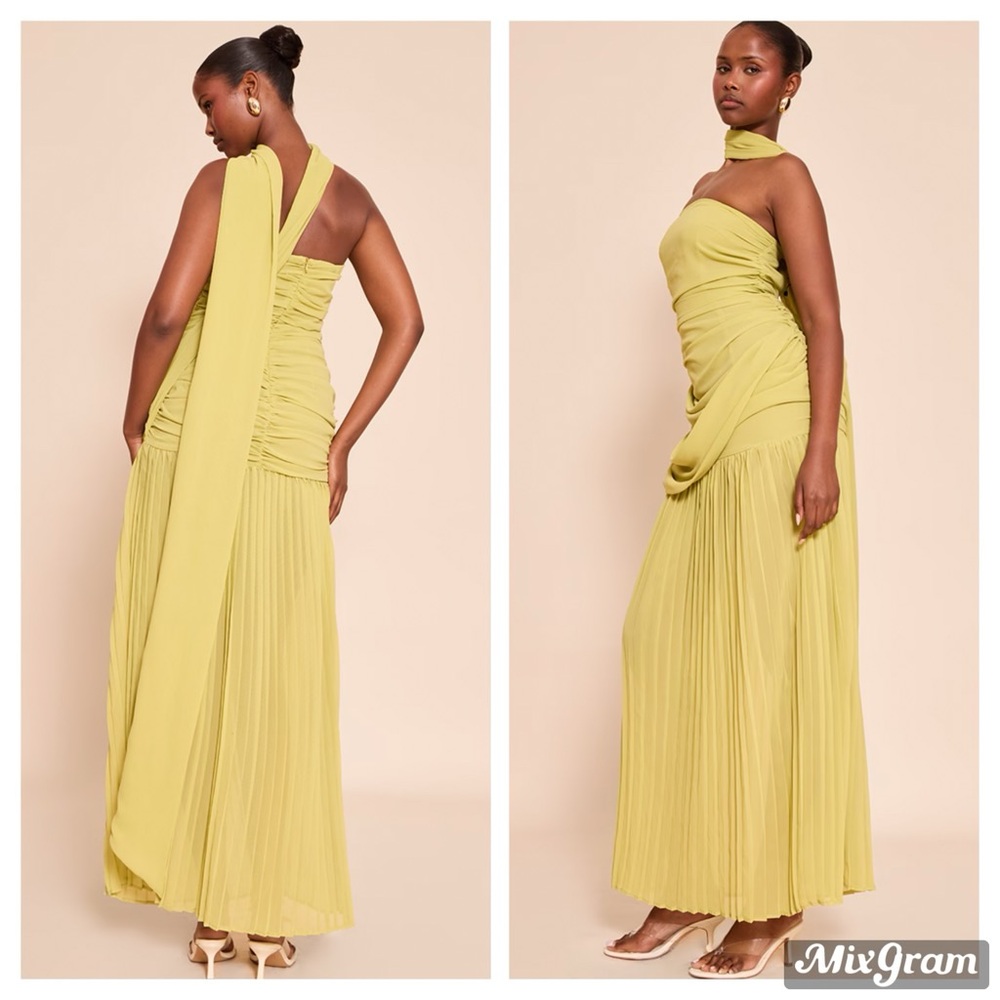 PLT LIME CHIFFON SCARF DETAIL BANDEAU RUCHED MAXI DRESS